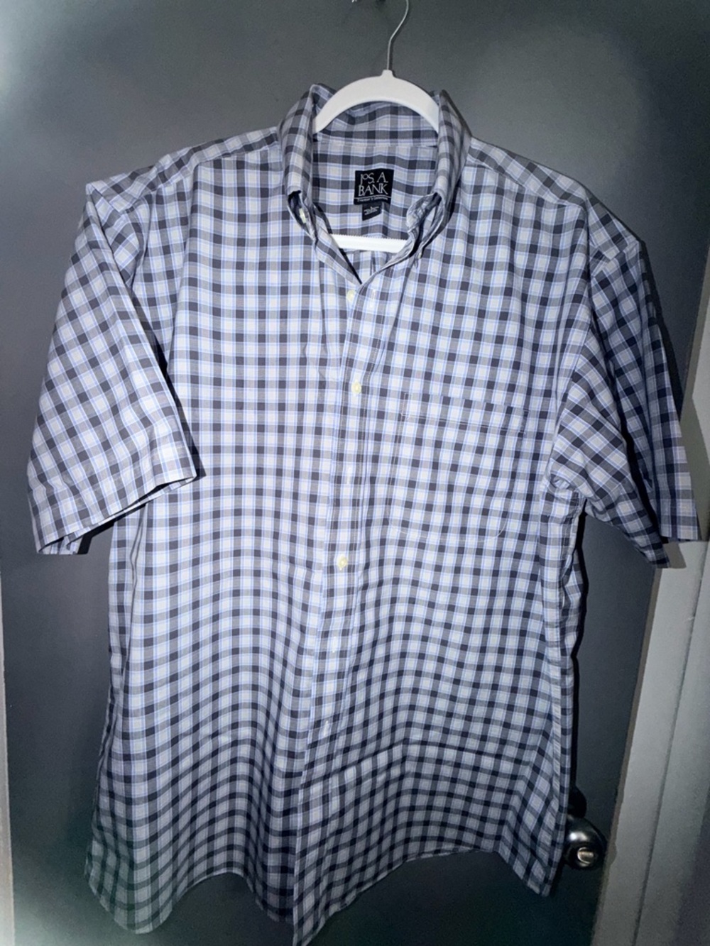 Jos. A. Bank Men's Blue and Grey Checked Short Sleeve Shirt Large